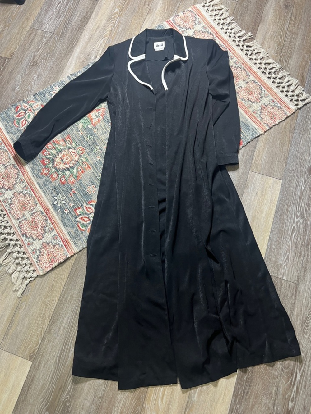 Leslie Fay Black Long Duster with Contrast Trim Vintage